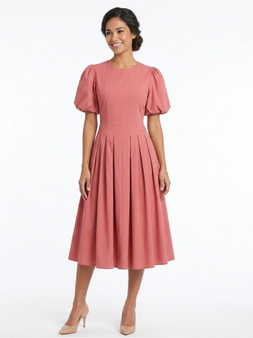 Eri & Ali Elegant Puff-Sleeve Midi Dress in Dusty Rose